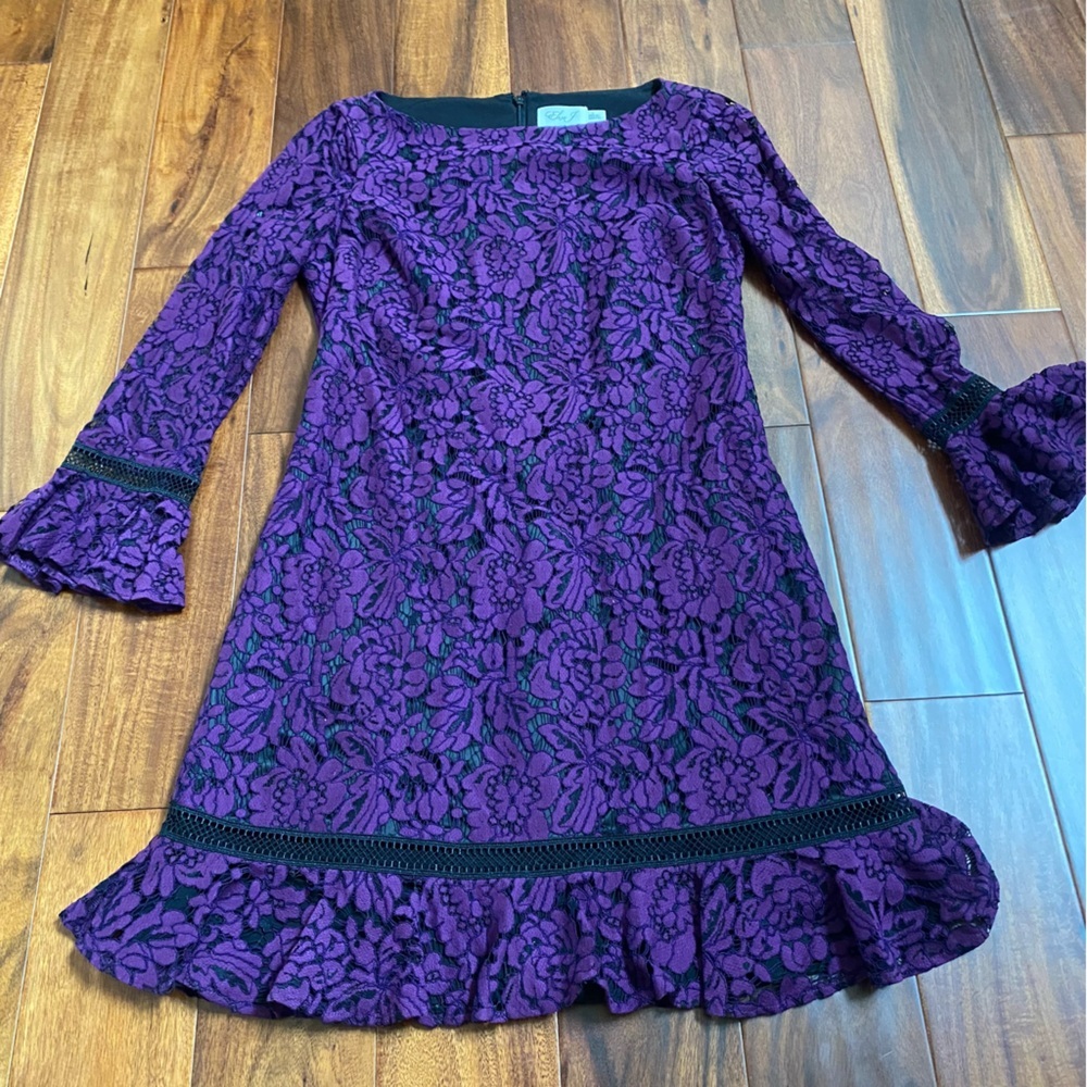 Eliza J Purple Black Floral Lace Shift Mini Dress Bell Sleeve Womens 4